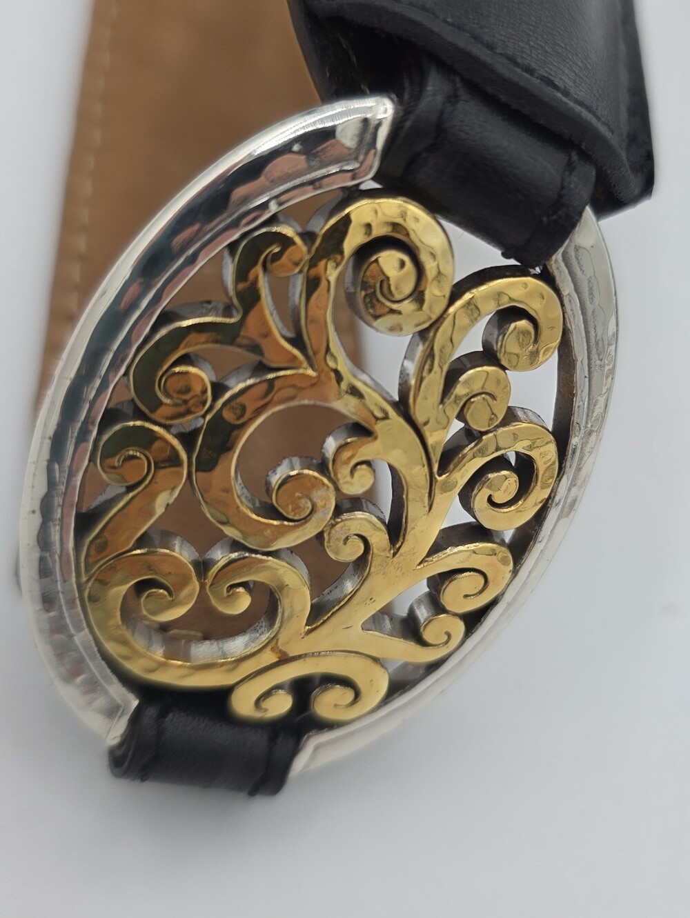 Brighton B60293 Black Leather Belt Retired Two Tone Scroll Buckle Size 38 - Picture 4 of 11